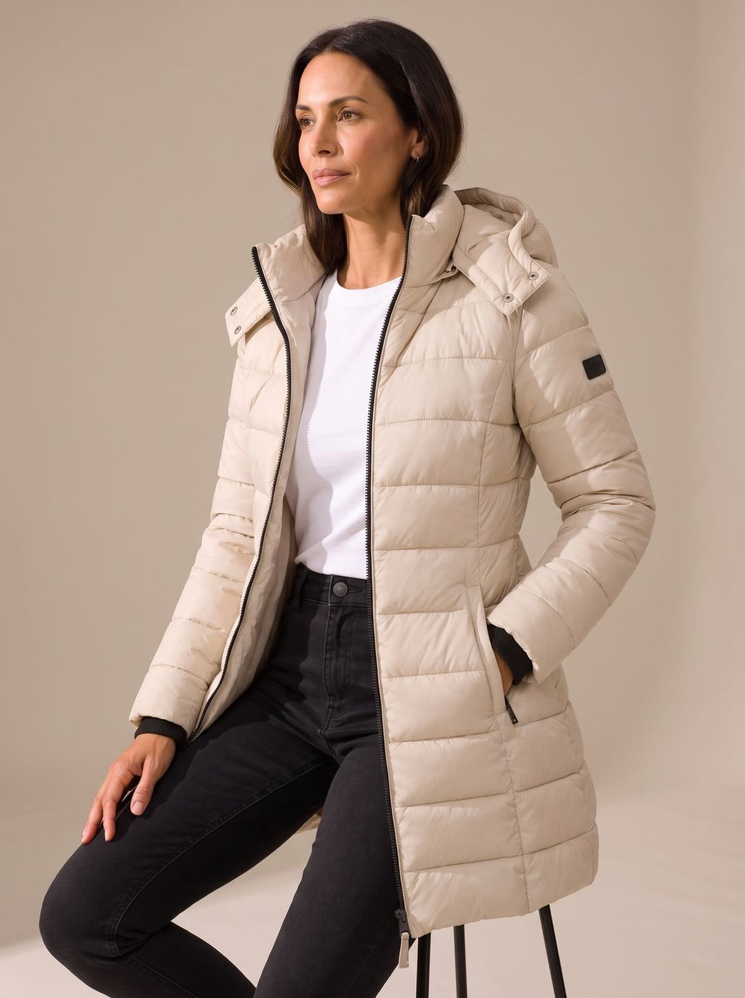 Women's Long Hooded Puffer Jacket Insulated Quilted Winter Coat - Beige