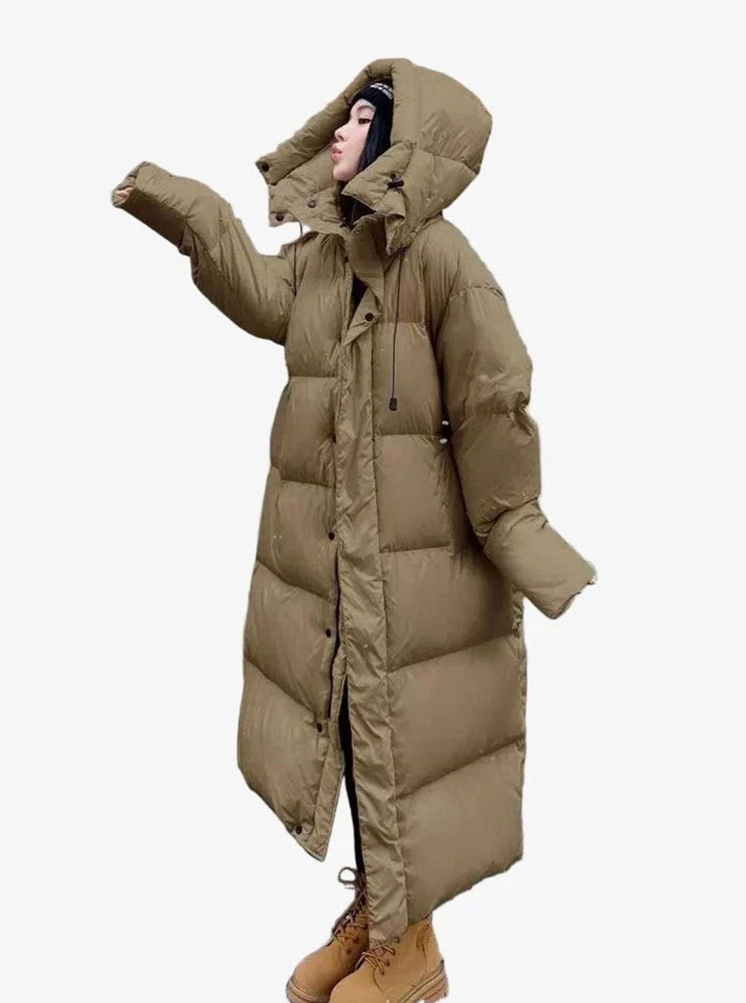 Women's Long Hooded Quilted Puffer Coat Relaxed Fit - Khaki
