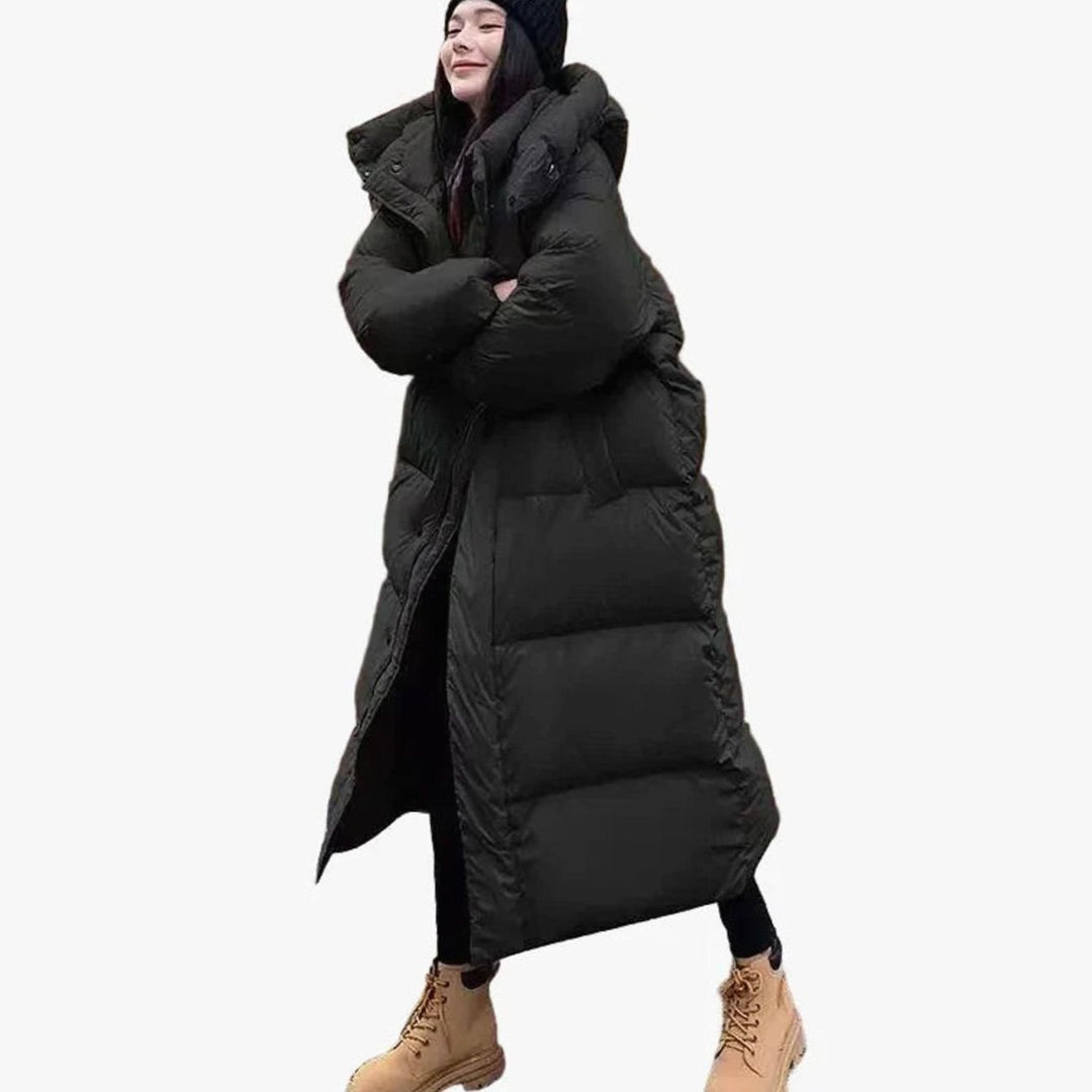 Women's Long Hooded Quilted Puffer Coat Relaxed Fit - Black