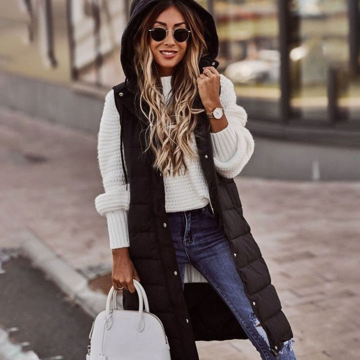 Women's Long Hooded Quilted Puffer Vest Sleeveless Winter Coat - Black