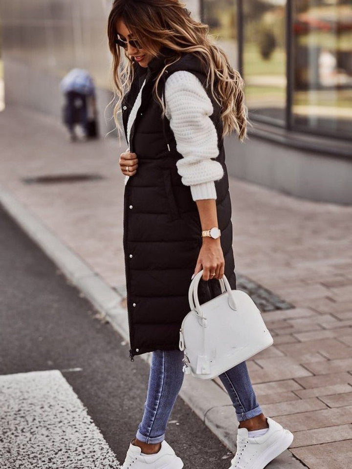 Women's Long Hooded Quilted Puffer Vest Sleeveless Winter Coat
