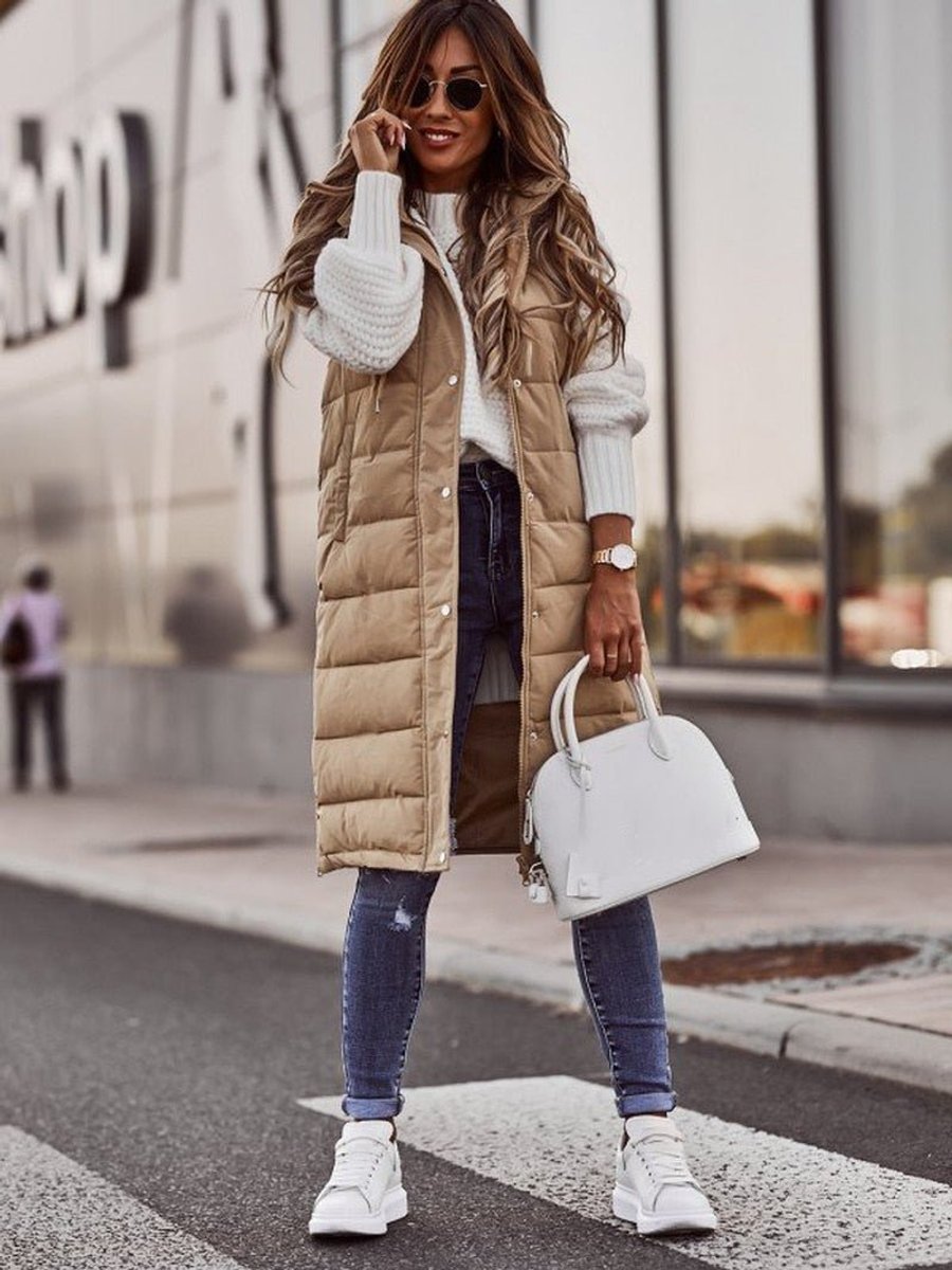 Women's Long Hooded Quilted Puffer Vest Sleeveless Winter Coat - Beige
