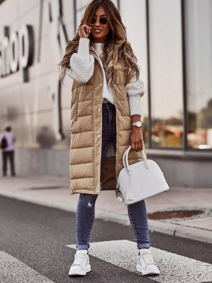 Women's Long Hooded Quilted Puffer Vest Sleeveless Winter Coat - Beige