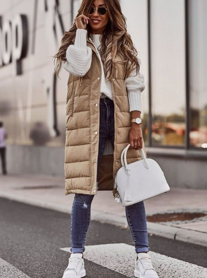 Women's Long Hooded Quilted Puffer Vest Sleeveless Winter Coat - Beige