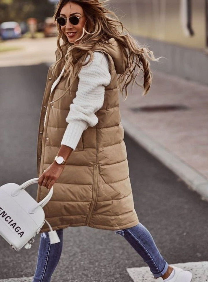 Women's Long Hooded Quilted Puffer Vest Sleeveless Winter Coat