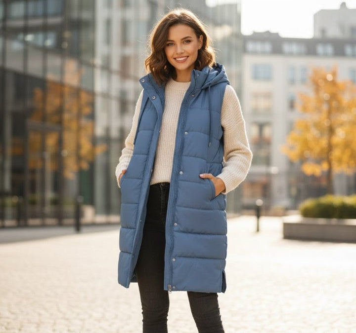 Women's Long Hooded Quilted Puffer Vest Sleeveless Winter Coat - Blue