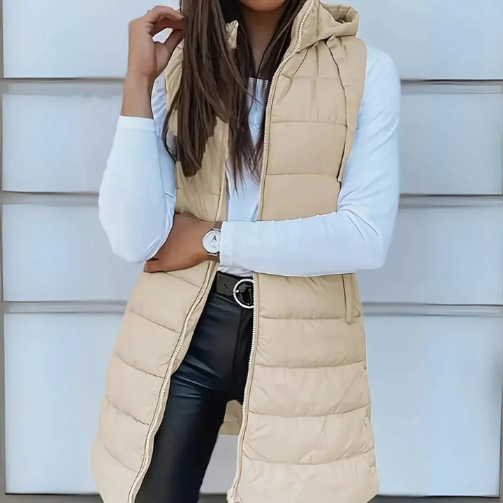 Women's Long Hooded Sleeveless Puffer Vest Lightweight Layering Jacket - Beige
