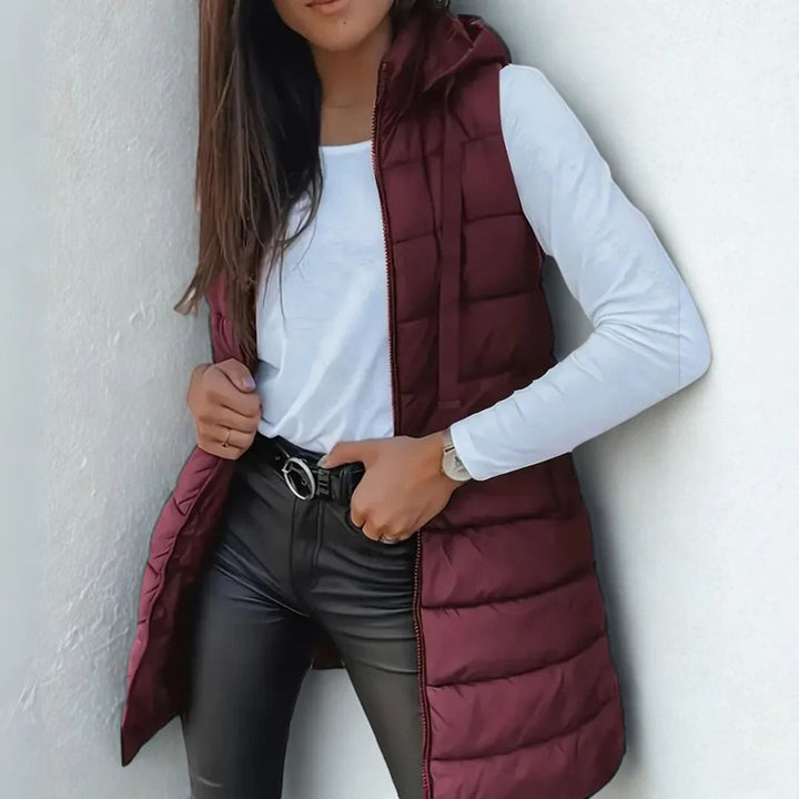 Women's Long Hooded Sleeveless Puffer Vest Lightweight Layering Jacket - Chestnut Brown