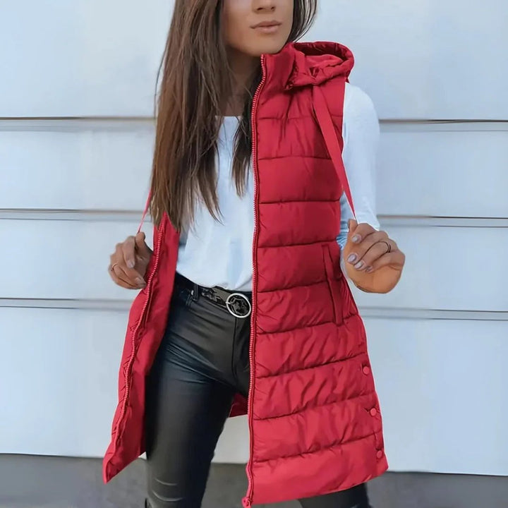 Women's Long Hooded Sleeveless Puffer Vest Lightweight Layering Jacket - Red