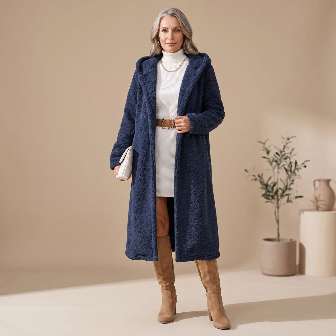 Women's Long Hooded Teddy Coat Relaxed-Fit Plush Jacket - Navy