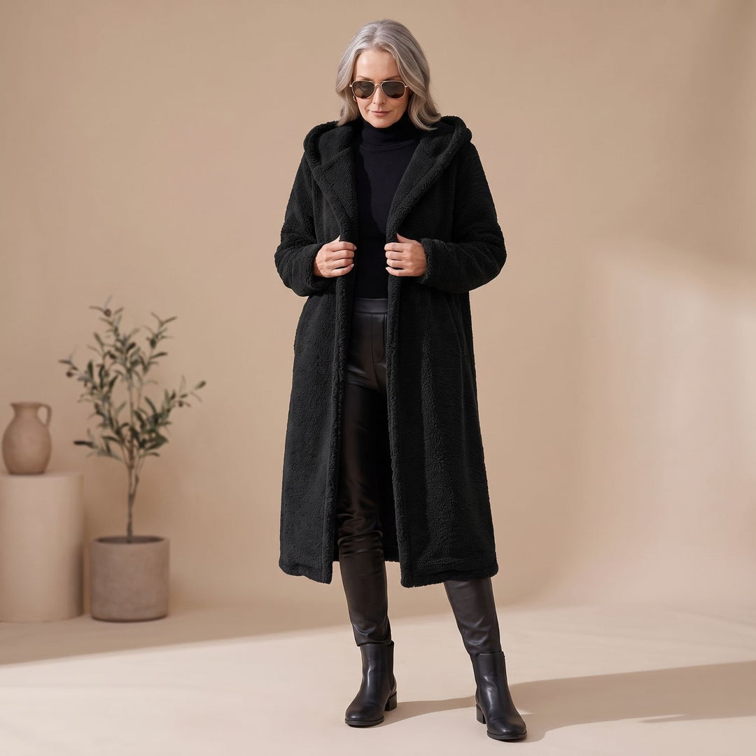 Women's Long Hooded Teddy Coat Relaxed-Fit Plush Jacket - Black