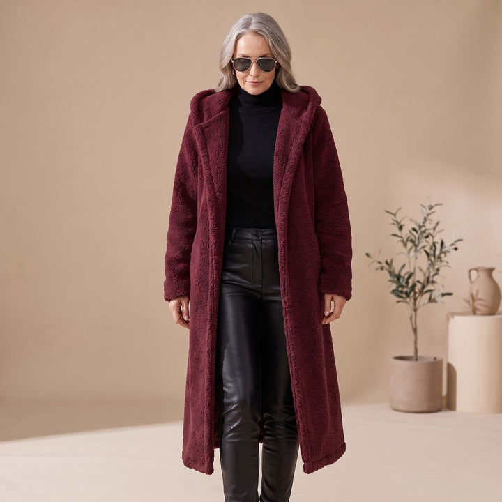 Women's Long Hooded Teddy Coat Relaxed-Fit Plush Jacket - Red