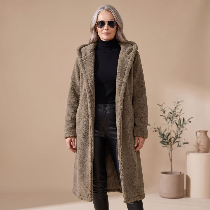 Women's Long Hooded Teddy Coat Relaxed-Fit Plush Jacket - Khaki