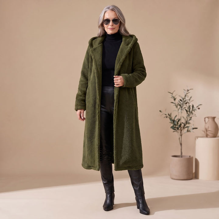 Women's Long Hooded Teddy Coat Relaxed-Fit Plush Jacket - Dark Green