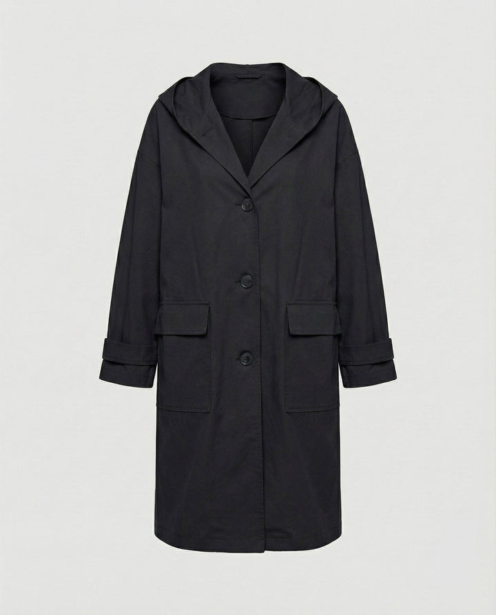Women's Long Hooded Waterproof Windproof Trench Coat - Black