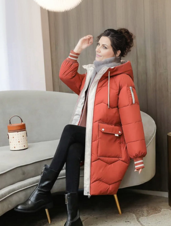 Women's Long Insulated Hooded Puffer Winter Coat - Red