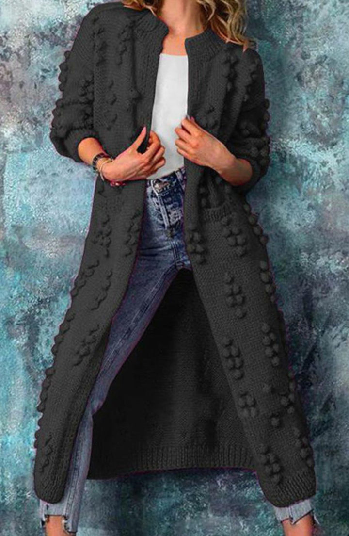Women's Long Open-Front Pom-Textured Knit Cardigan - Black