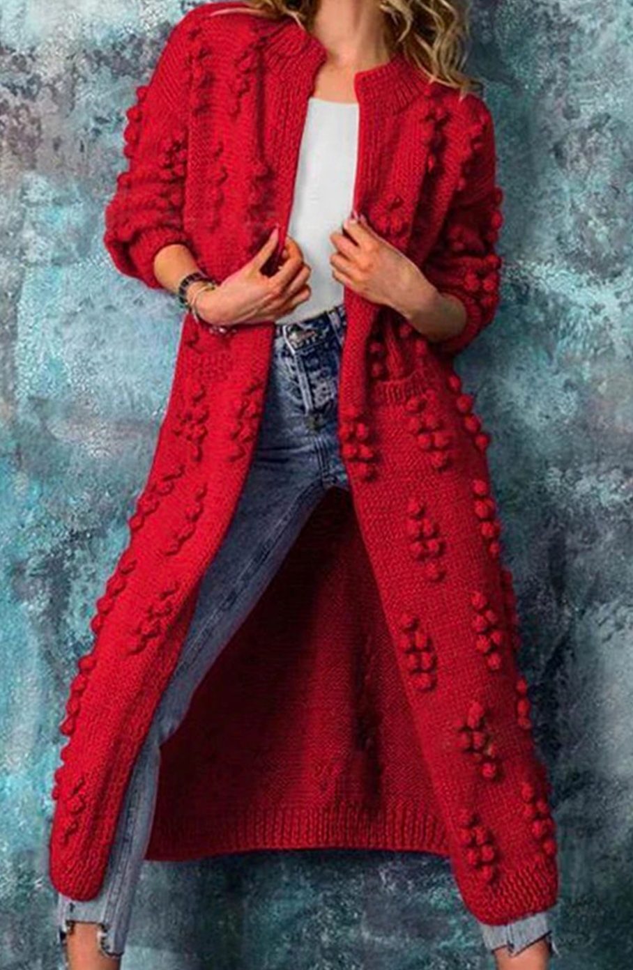 Women's Long Open-Front Pom-Textured Knit Cardigan - Red