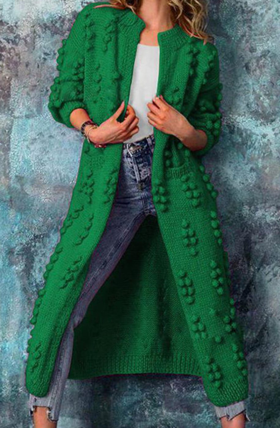 Women's Long Open-Front Pom-Textured Knit Cardigan - Green