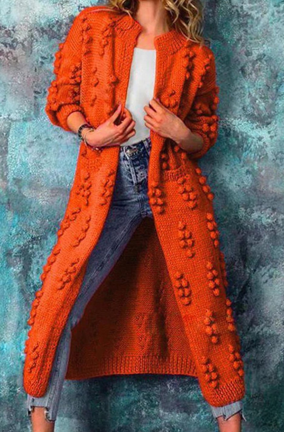 Women's Long Open-Front Pom-Textured Knit Cardigan - Orange