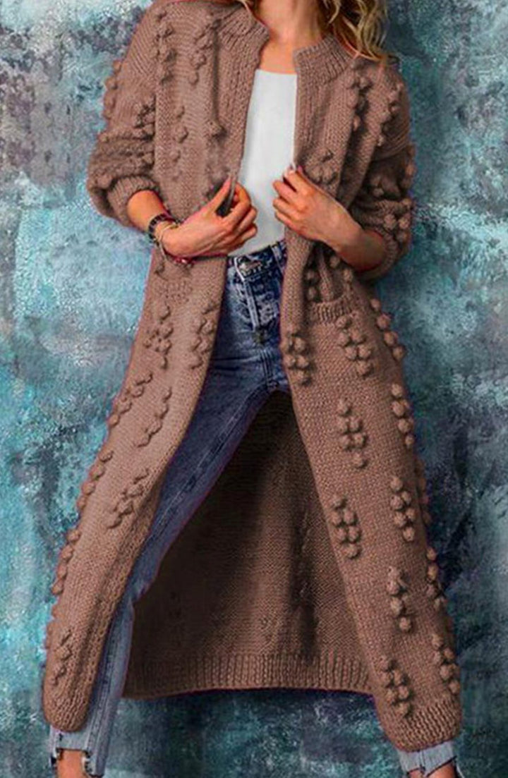 Women's Long Open-Front Pom-Textured Knit Cardigan - Brown