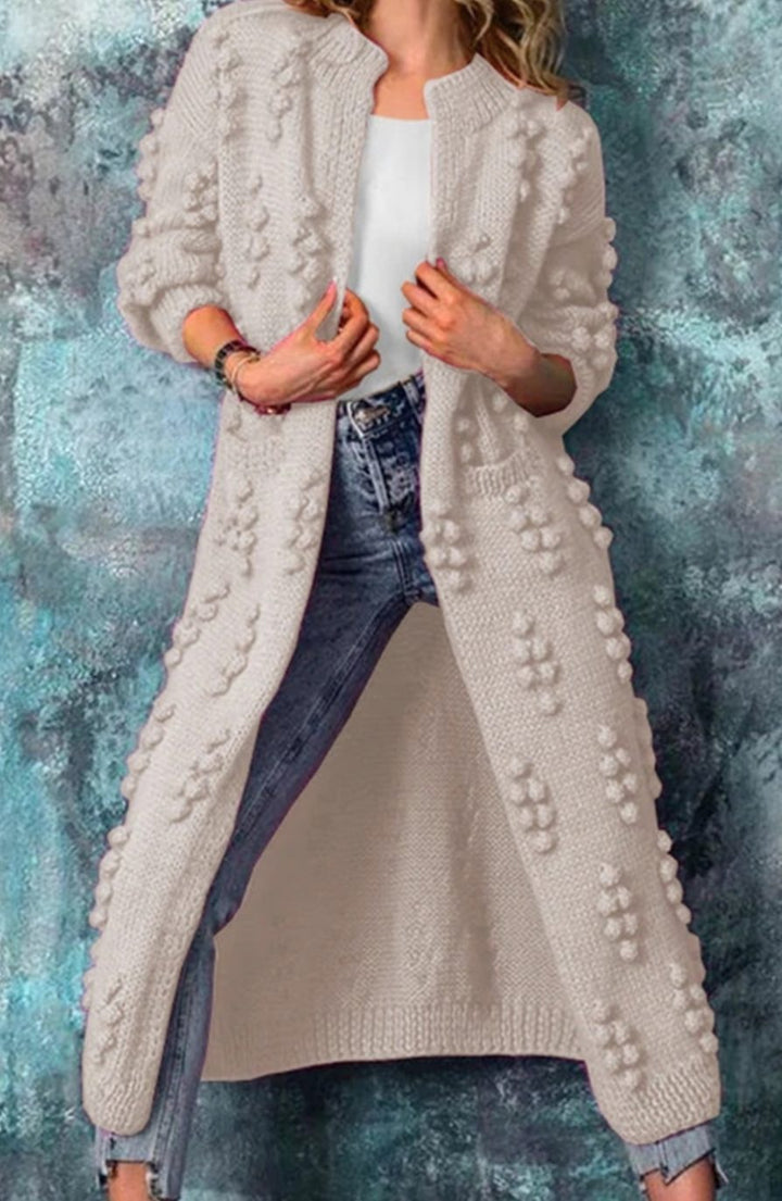 Women's Long Open-Front Pom-Textured Knit Cardigan - Beige