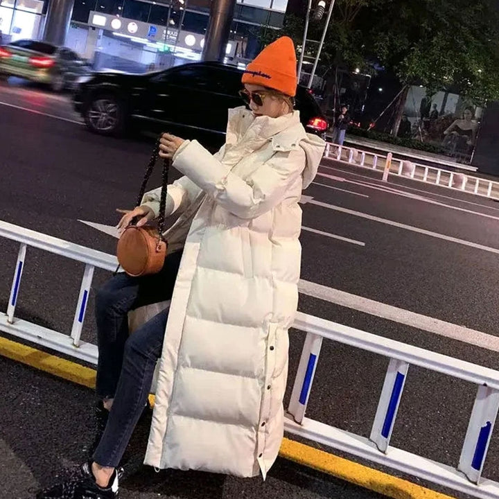 Women's Long Puffer Coat Hooded Maxi Quilted Winter Jacket - White