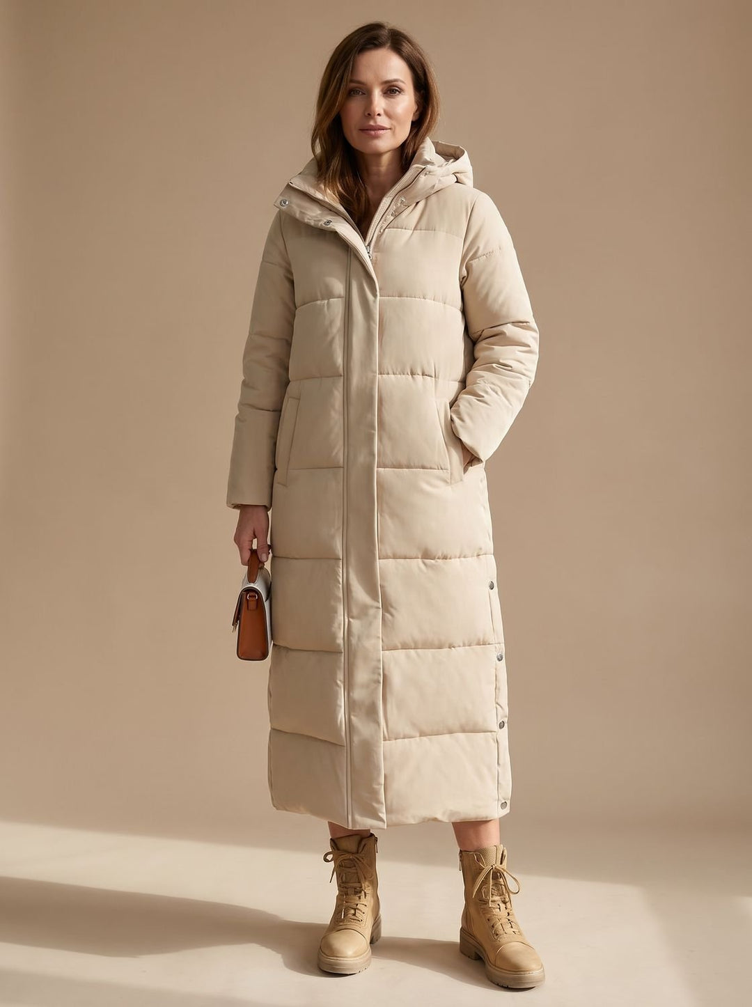 Women's Long Quilted Hooded Puffer Jacket - Beige