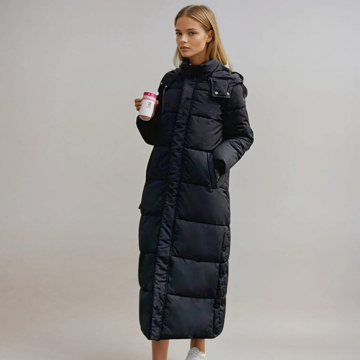 Women's Long Quilted Hooded Puffer Jacket - Black