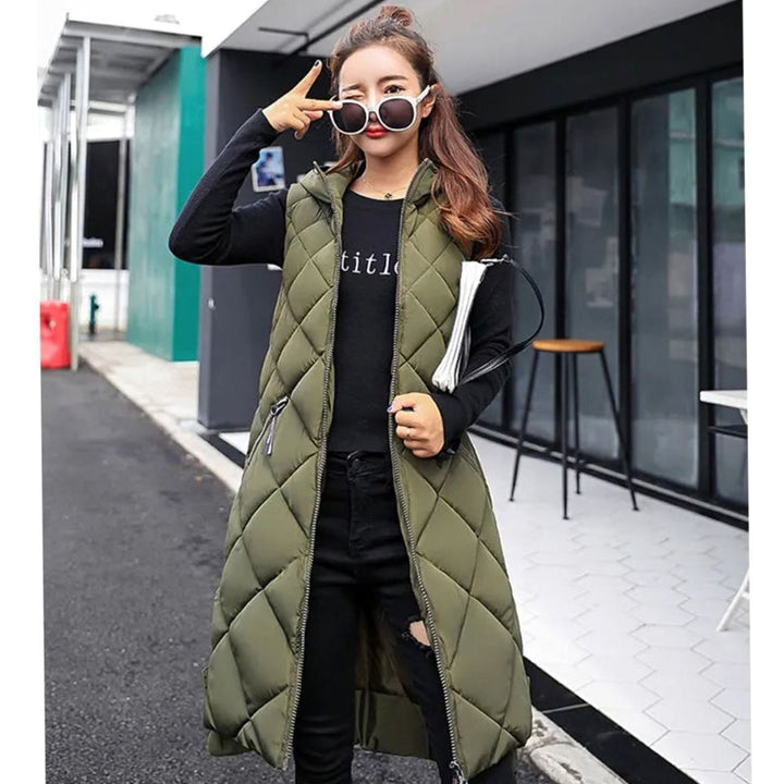 Women's Long Quilted Sleeveless Hooded Vest Puffer Gilet - Army Green