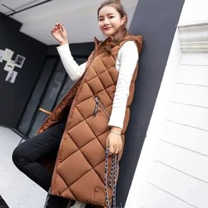 Women's Long Quilted Sleeveless Hooded Vest Puffer Gilet - Caramel