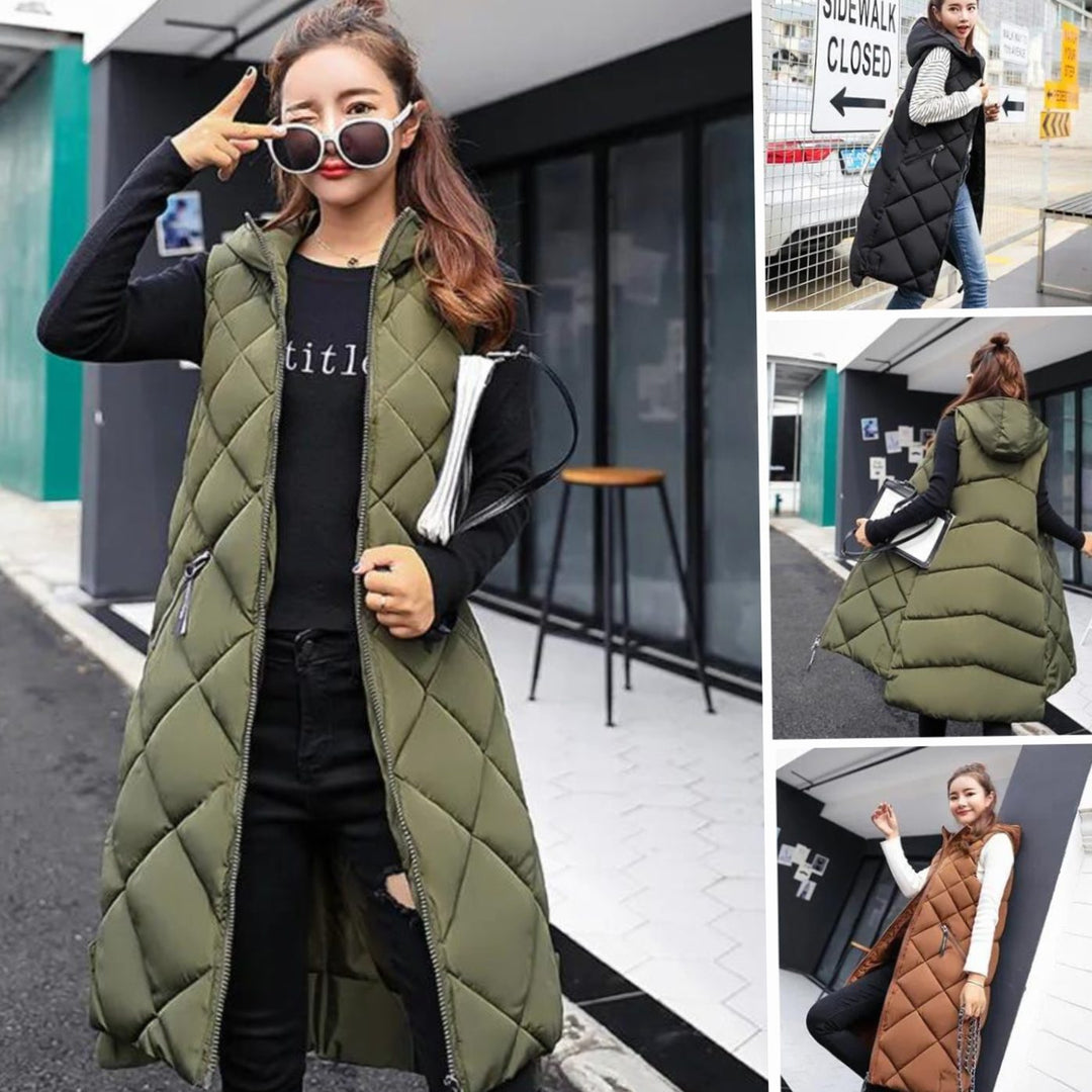Women's Long Quilted Sleeveless Hooded Vest Puffer Gilet