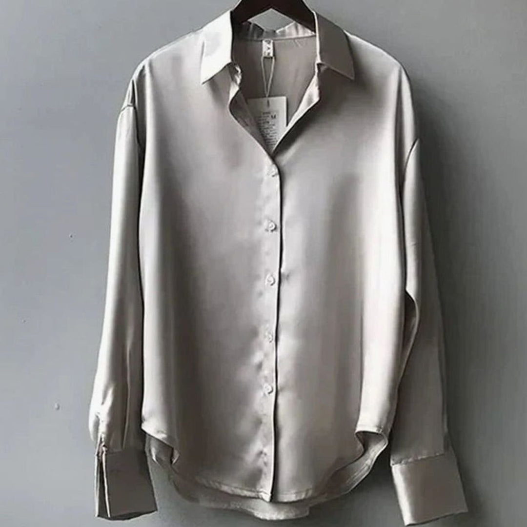Women's Long Sleeve Button-Down Loose Satin Blouses - Gray