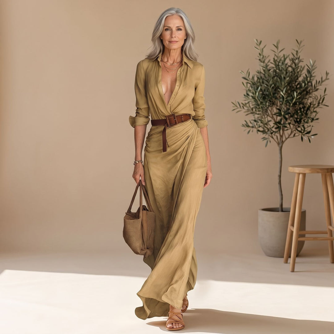 Women's Long-Sleeve Collared Draped Belted Maxi Shirt Dress - Beige