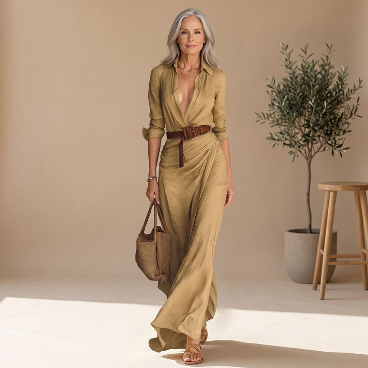Women's Long-Sleeve Collared Draped Belted Maxi Shirt Dress - Beige