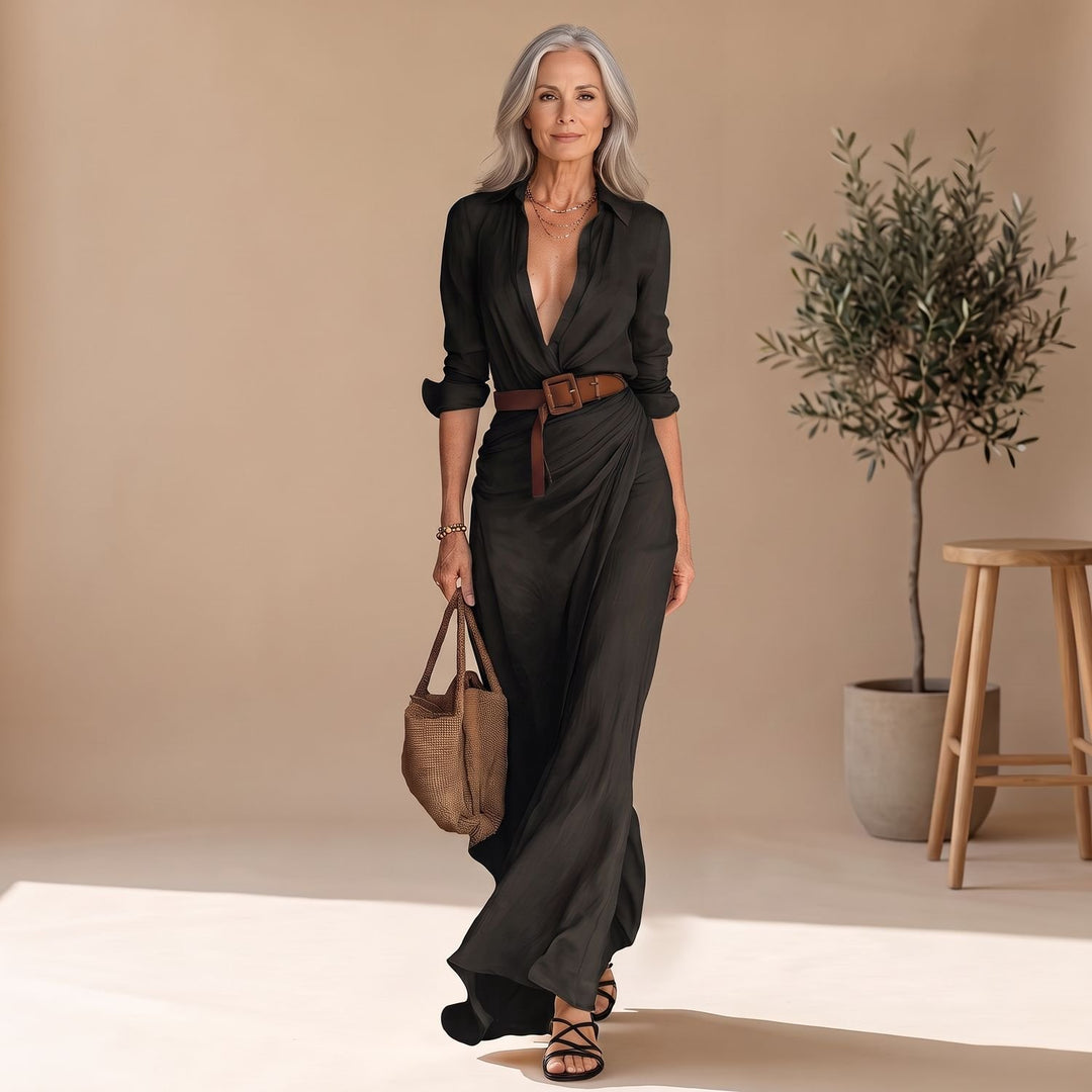 Women's Long-Sleeve Collared Draped Belted Maxi Shirt Dress - Black