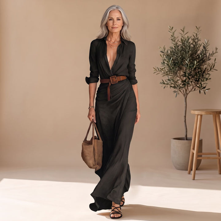 Women's Long-Sleeve Collared Draped Belted Maxi Shirt Dress - Black