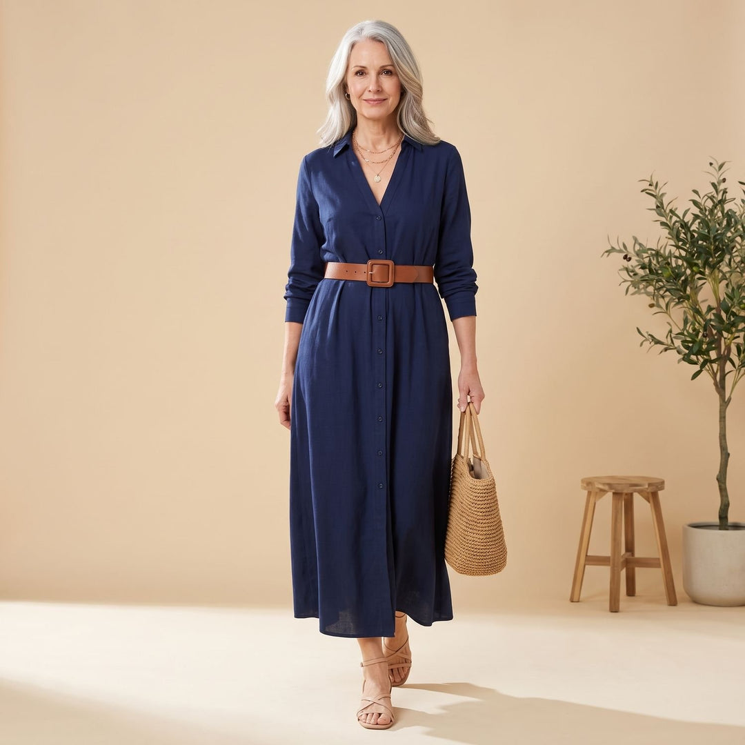 Women's Long-Sleeve Collared Draped Belted Maxi Shirt Dress - Blue