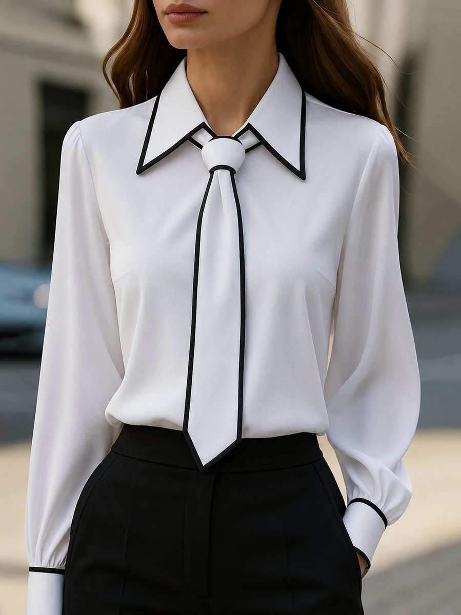 Women's Long-Sleeve Contrast-Trim Removable Tie-Neck Blouse - Wit