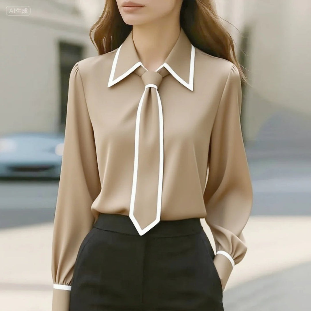 Women's Long-Sleeve Contrast-Trim Removable Tie-Neck Blouse - Beige