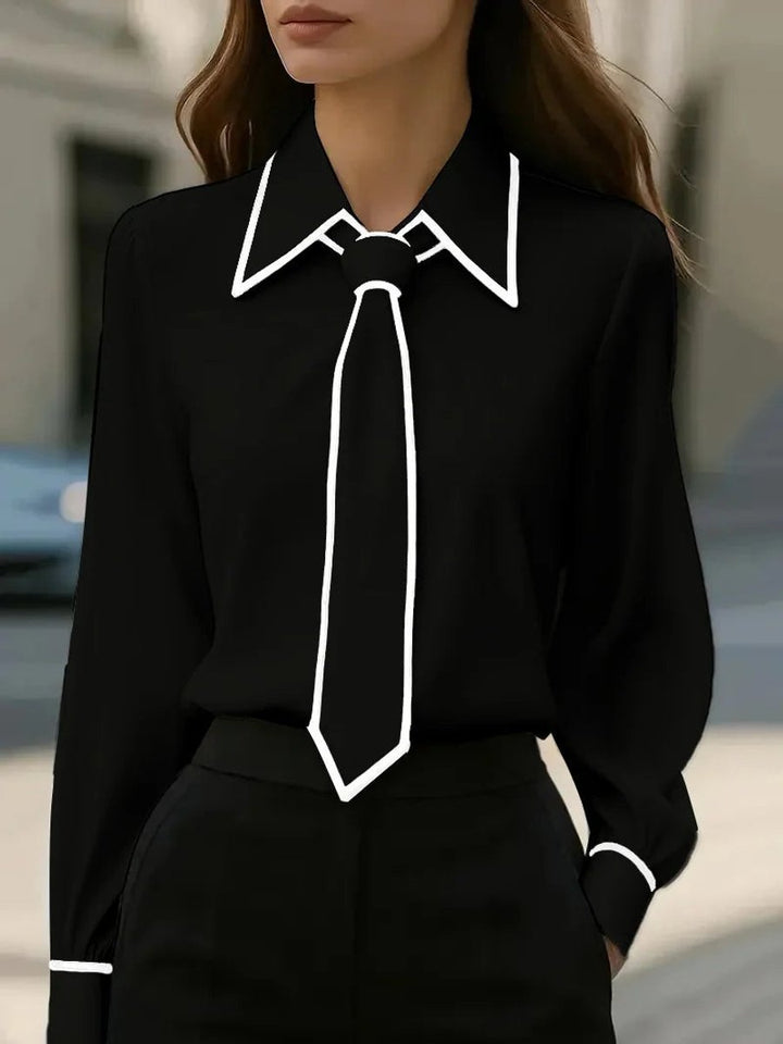 Women's Long-Sleeve Contrast-Trim Removable Tie-Neck Blouse - Zwart