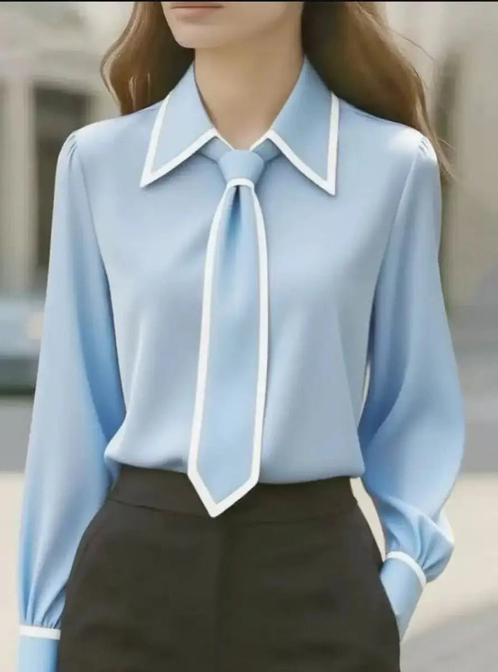 Women's Long-Sleeve Contrast-Trim Removable Tie-Neck Blouse - Hemelsblauw