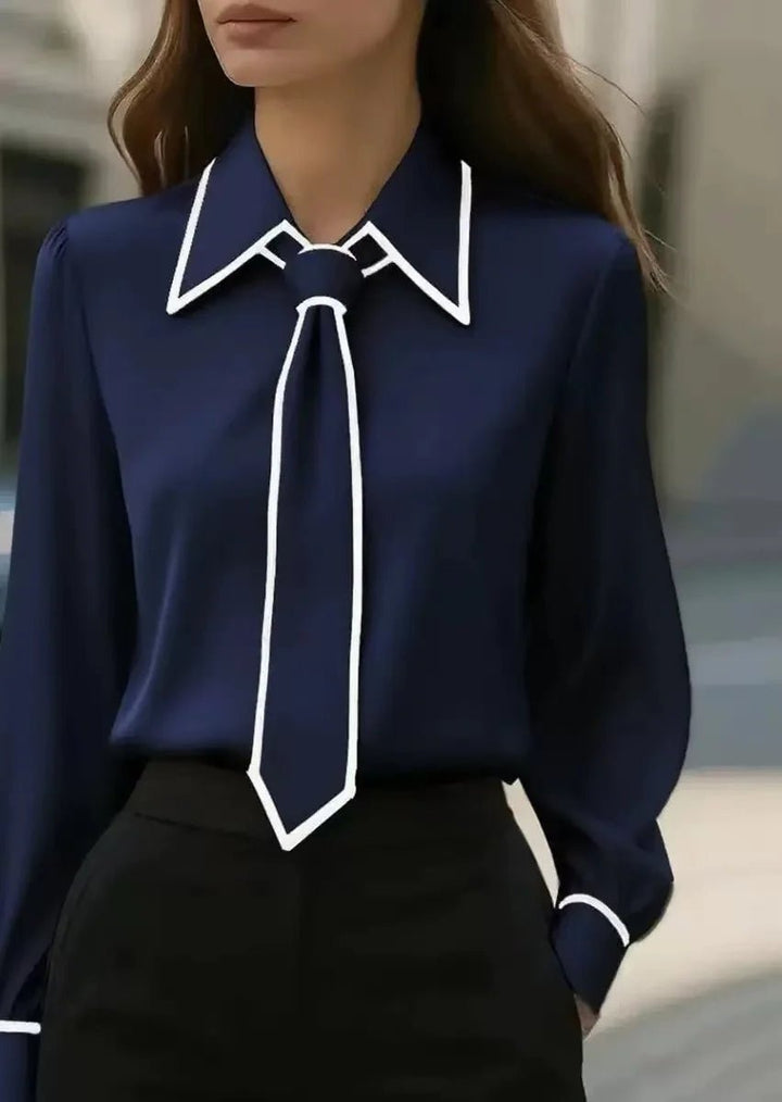 Women's Long-Sleeve Contrast-Trim Removable Tie-Neck Blouse - Marineblauw