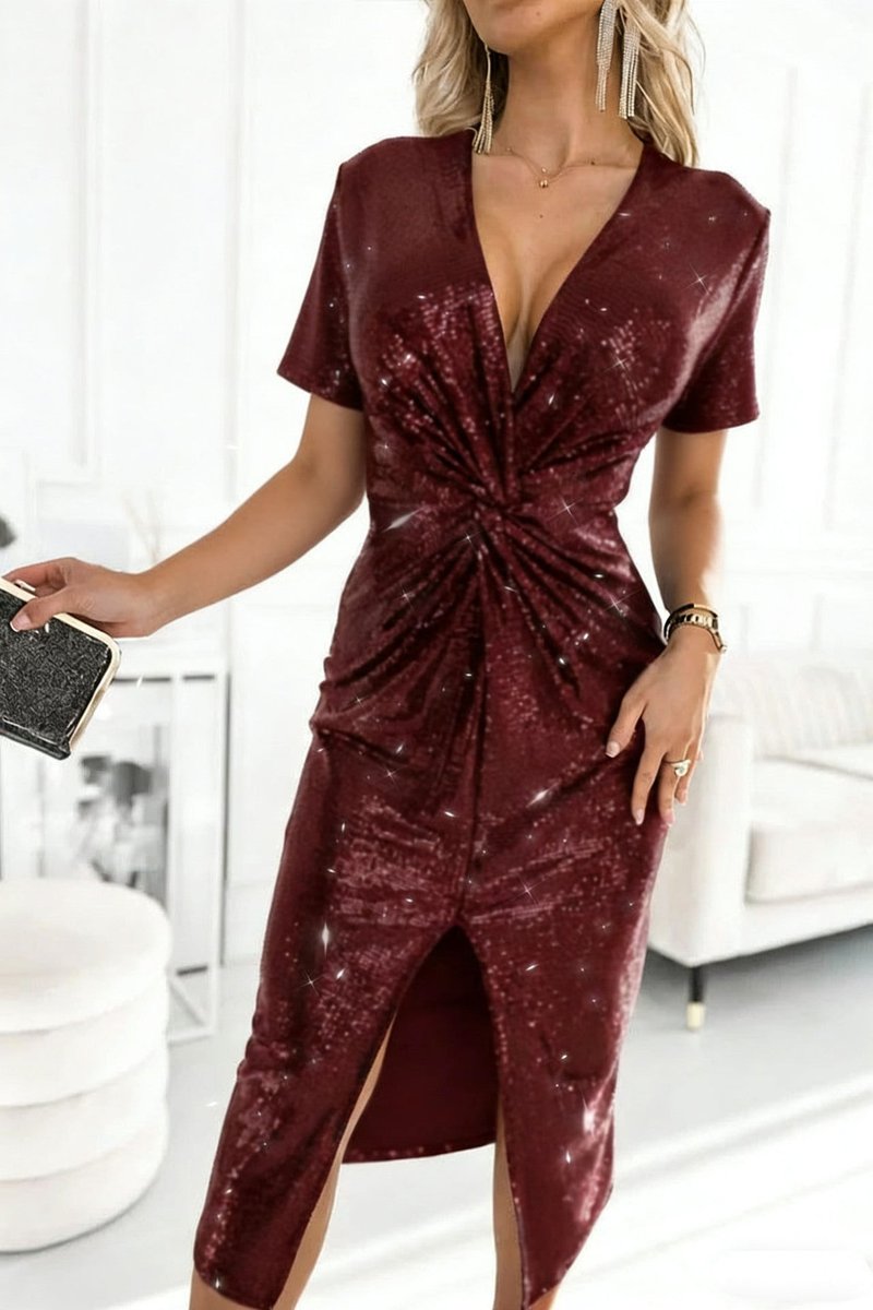 Women's Long Sleeve Deep V-Neck Sequin Cocktail Dress Twist Front Slit - Bordeaux