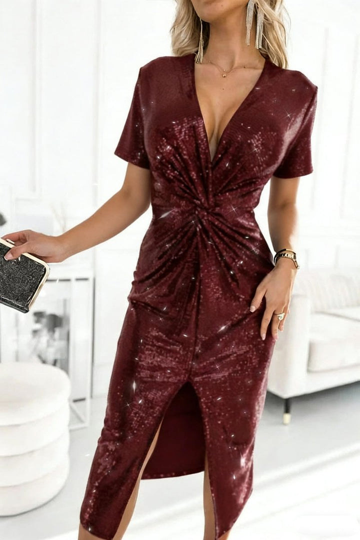 Women's Long Sleeve Deep V-Neck Sequin Cocktail Dress Twist Front Slit - Bordeaux