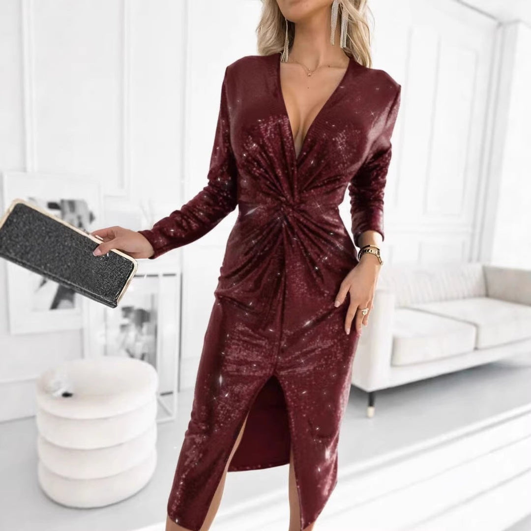 Women's Long Sleeve Deep V-Neck Sequin Cocktail Dress Twist Front Slit