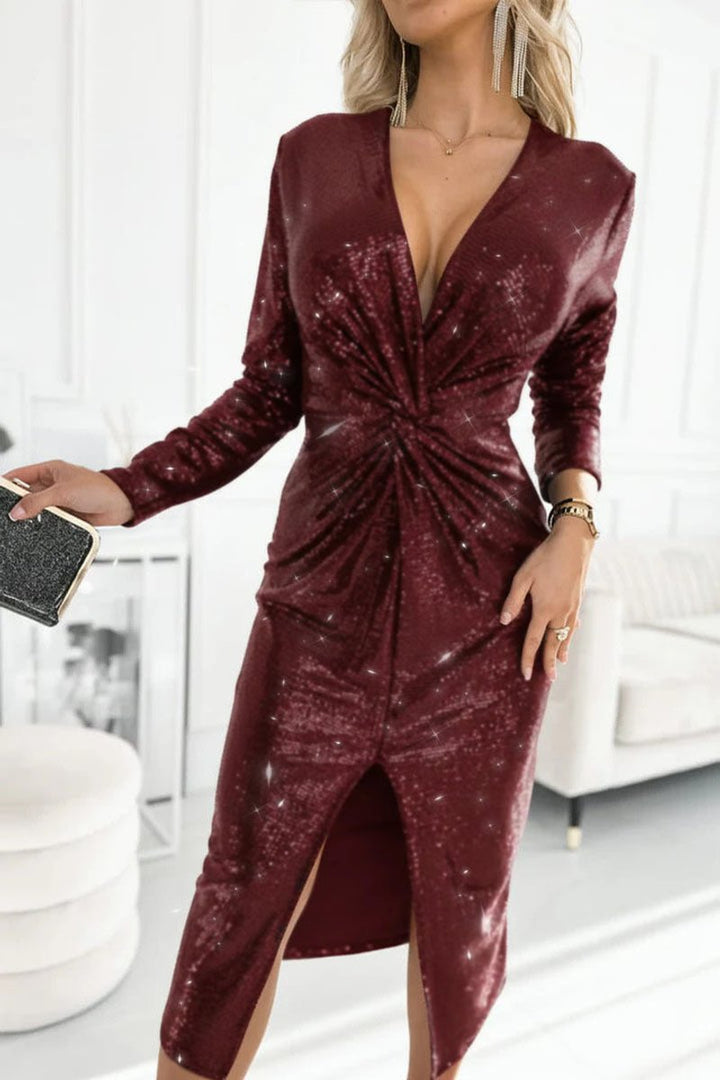 Women's Long Sleeve Deep V-Neck Sequin Cocktail Dress Twist Front Slit - Red