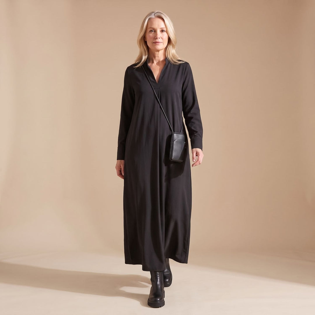 Women's Long Sleeve Elegant Formal Maxi Dress V-Neck - Black
