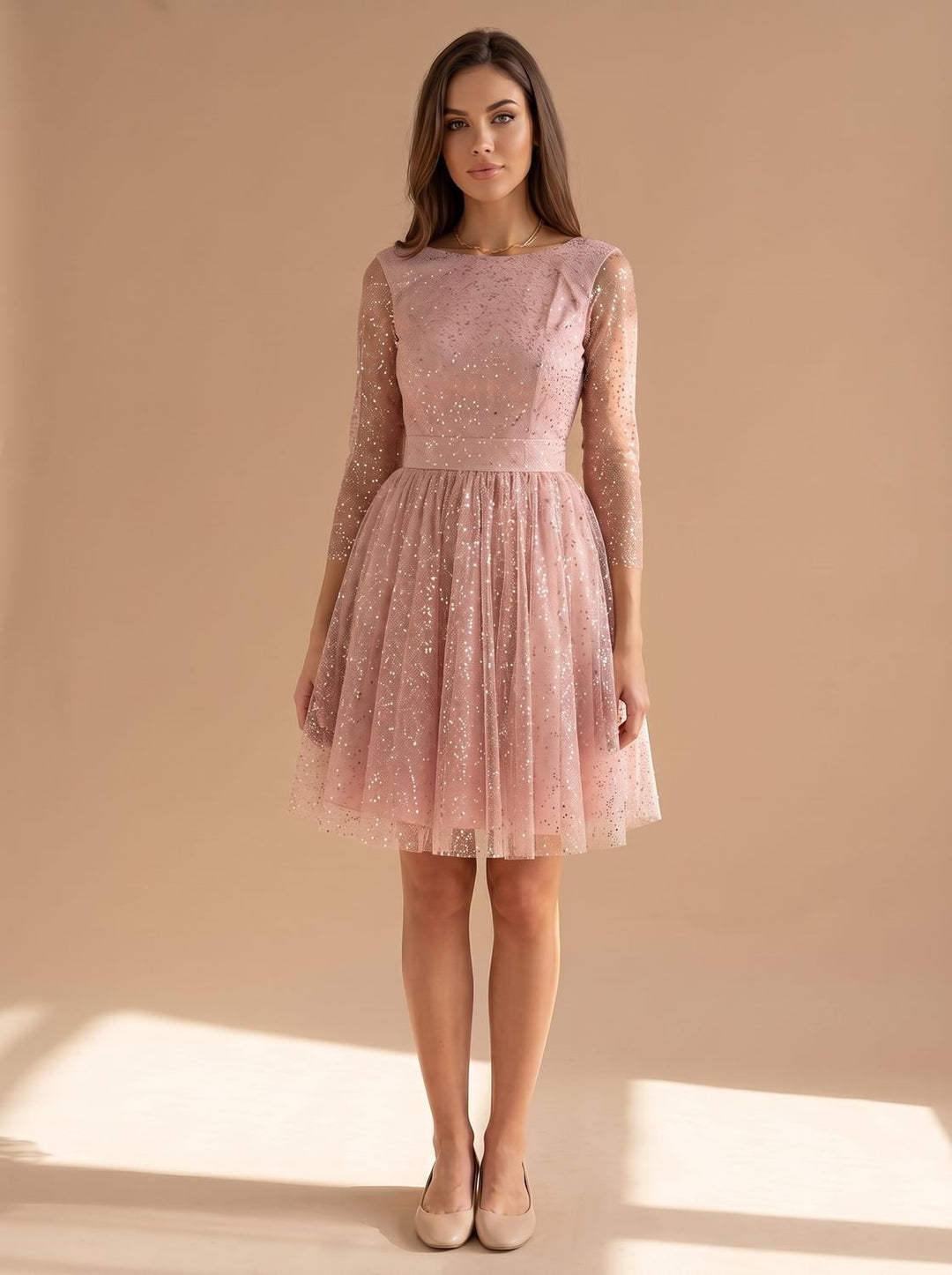 Women's Long-Sleeve Glitter Tulle A-Line Occasion Dress