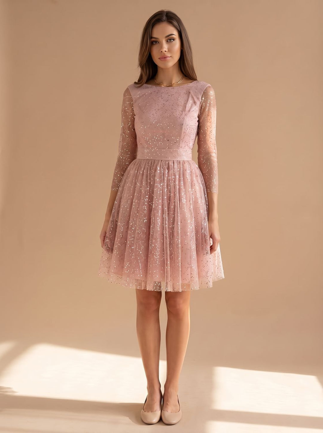 Women's Long-Sleeve Glitter Tulle A-Line Occasion Dress
